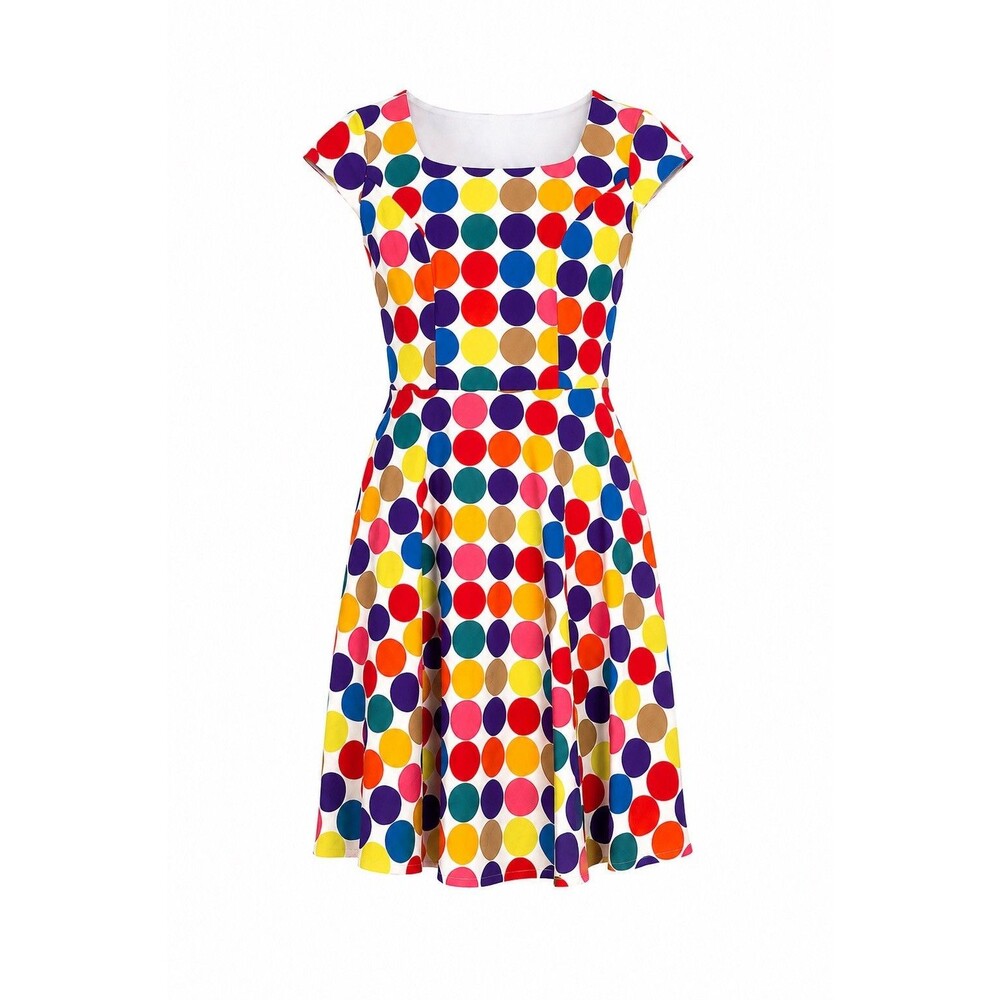 Pukavt Women's Retro Rockabilly Swing Dress Rainbow Polka Dot 50s Pinup Size XL